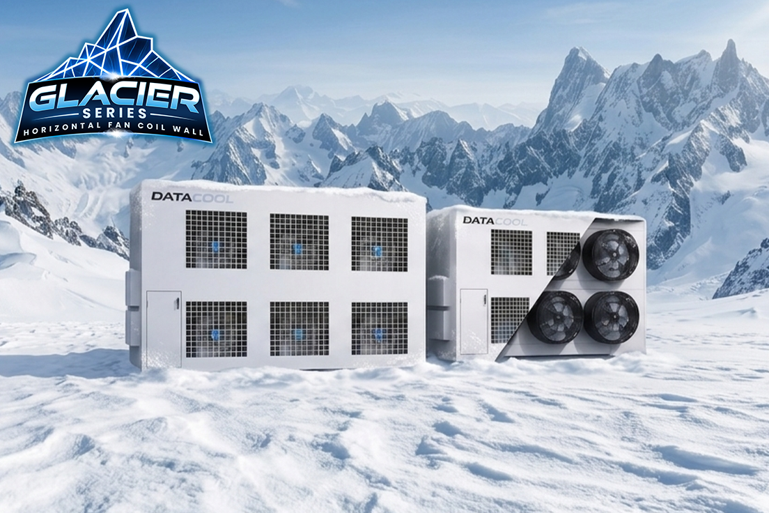 Two large industrial cooling units labeled 'DATACOOL' on a snowy landscape with overcast sky, featuring fans and vents, with a 'GLACIER SERIES' sign in the top left corner that reads "horizontal fan coil wall"