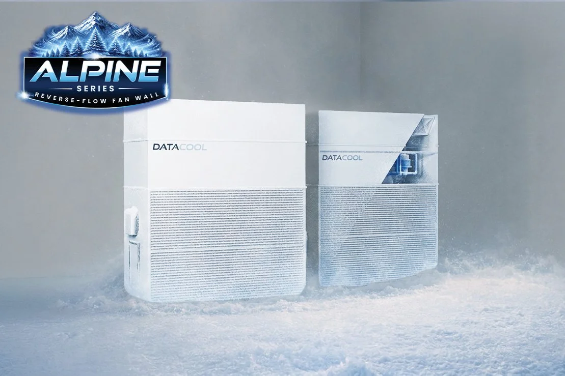Two white Alpine cooling units labeled 'DATACOOL' on a snowy surface, with a gray background and a logo in the top left corner that reads 'ALPINE SERIES REVERSE-FLOW FAN WALL' with snow-capped mountains.