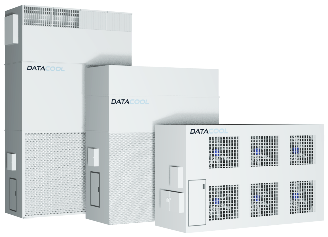Three large, white data cooling units with the brand name 'DATACOOL', featuring filters and coils for airflow.