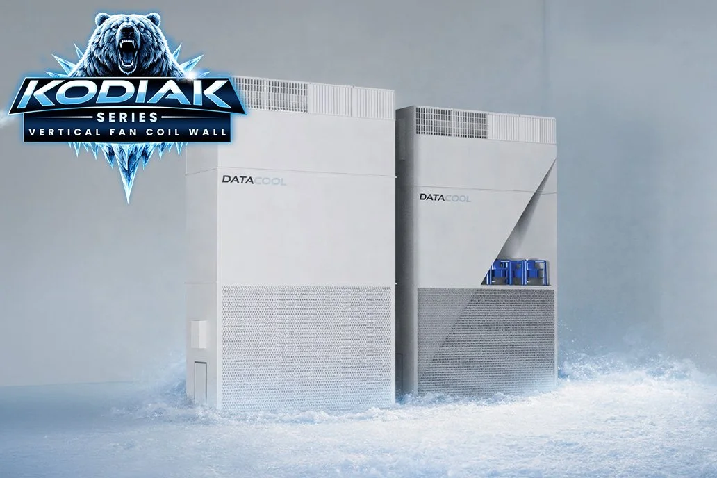 Two large data cooling units with the 'DataCool' branding, situated outdoors on snow, with a Kodiak Series logo featuring a bear above the text 'Vertical Fan Coil Wall'.