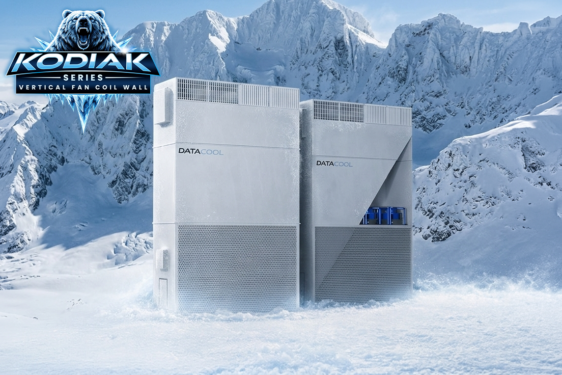 Two large data cooling units with the 'DataCool' branding, situated outdoors on snow, with a Kodiak Series logo featuring a bear above the text 'Vertical Fan Coil Wall'.