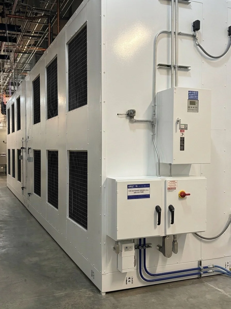 Industrial datacool unit with fans, pipes, control panel, and electrical connections inside a data center