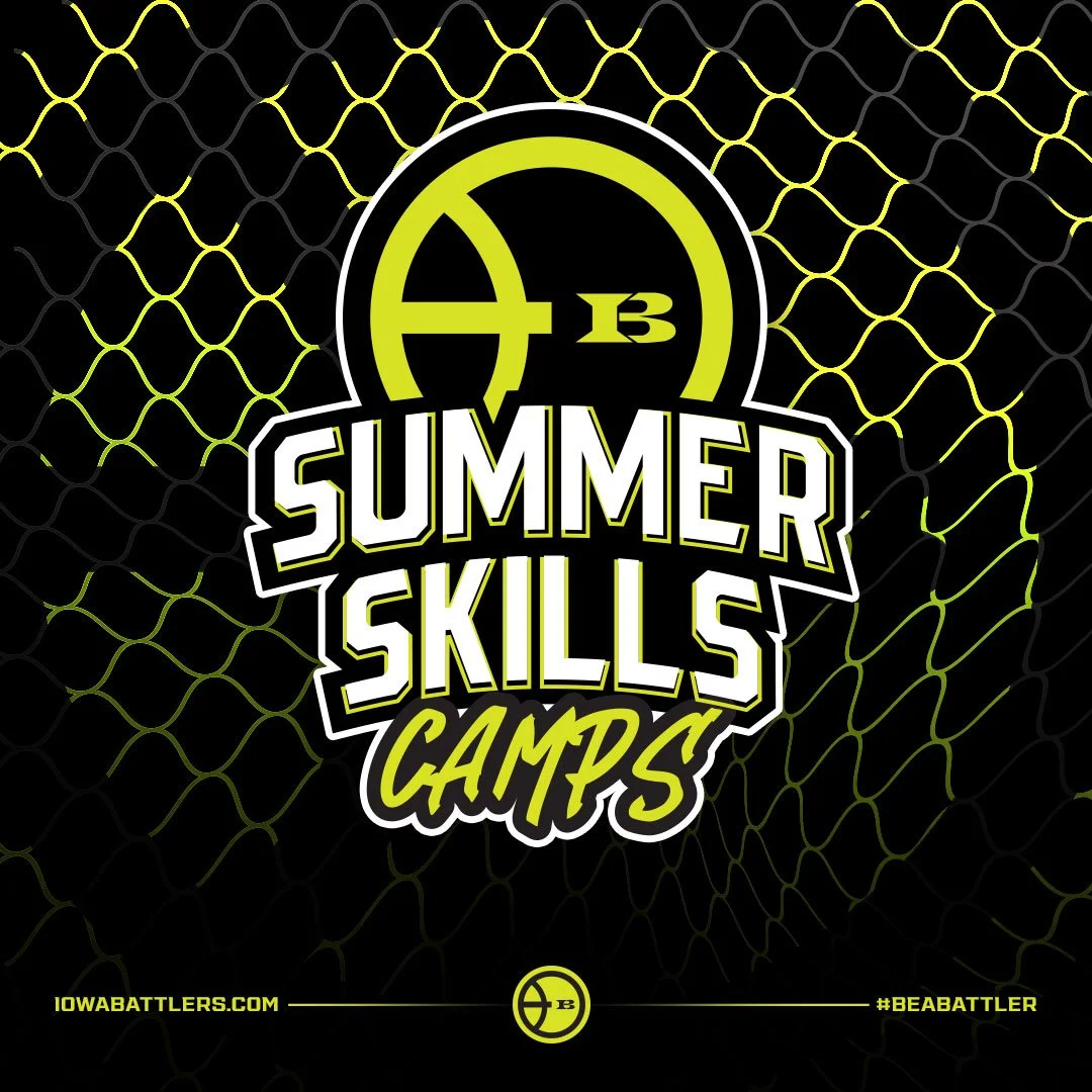 Logo for Summer Skills Camps with a black background and a green basketball net design. The text reads 'Summer Skills Camps' with a circle and basketball symbol at the top, along with the website 'iowabatters.com' and the hashtag '#BEABATTLER' at the