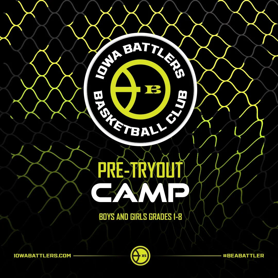 Graphic promoting the Iowa Batters Basketball Club's pre-tryout camp for boys and girls in grades 1 through 8, featuring a black and yellow color scheme with a basketball-themed background.