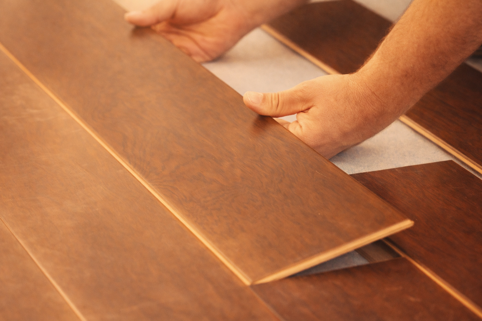 Person handling wooden flooring planks, inspecting or installing them.