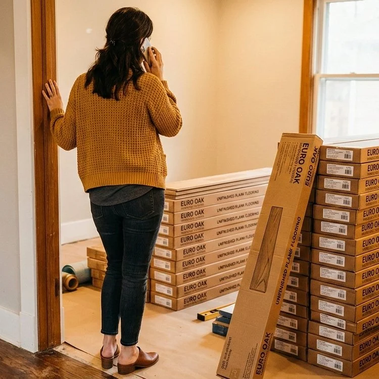 A woman with dark hair, wearing a mustard yellow sweater, jeans, and brown shoes, is talking on her cellphone and standing near a door frame in a room with wood flooring. There are stacks of flooring boxes labeled "Euro Oak" and some tools on the floor.