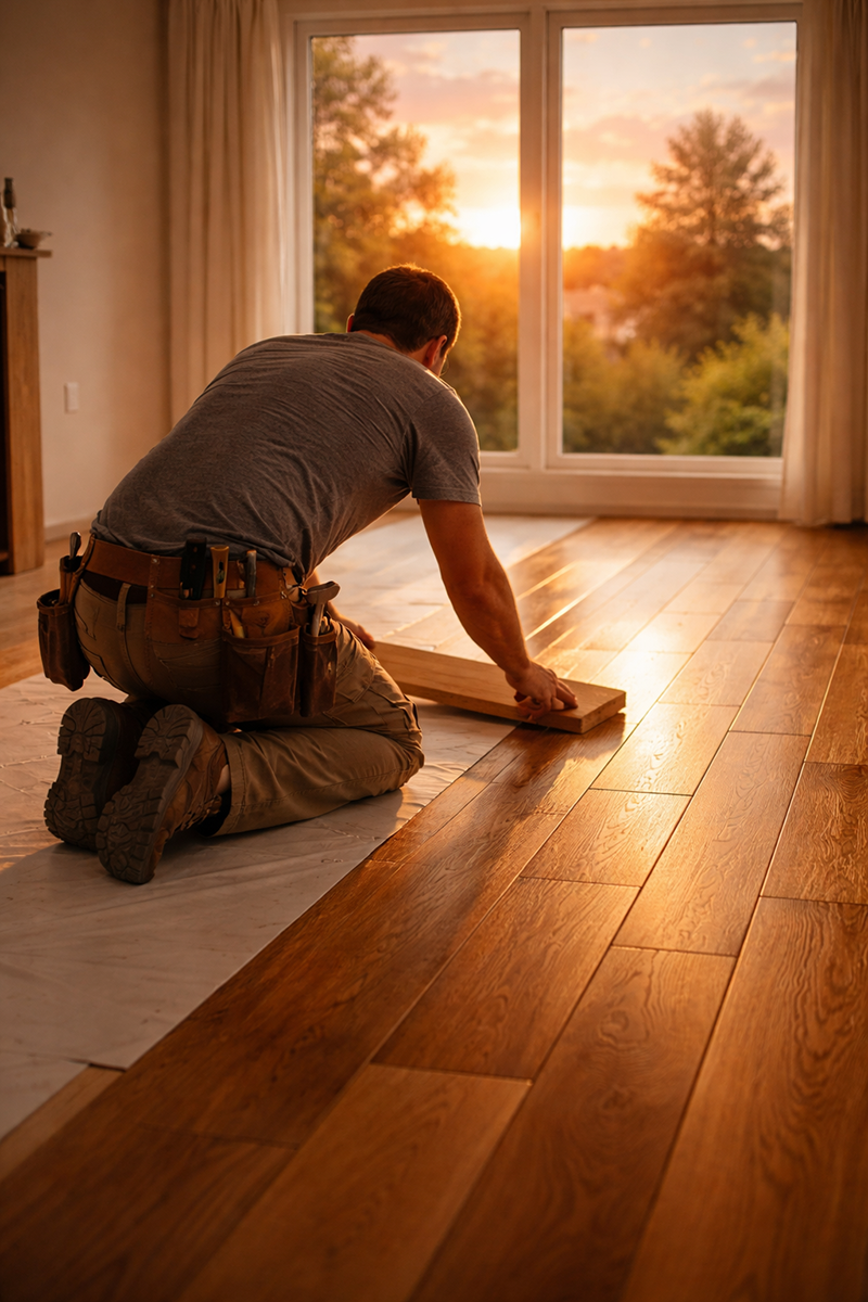 A man kneeling on a paper underlayment laying wooden flooring in a room during sunset, with large windows showing an outdoor view of trees.