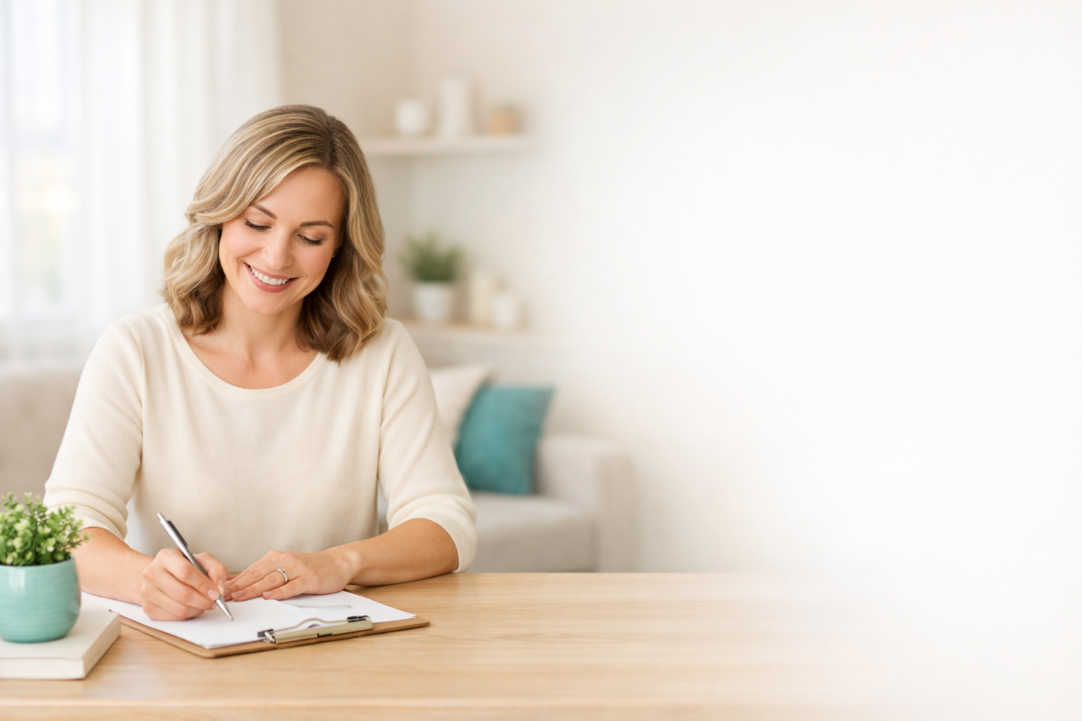 A woman with shoulder-length blonde hair writing on a clipboard with a pen, sitting at a wooden table in a bright room with a plant on the table.