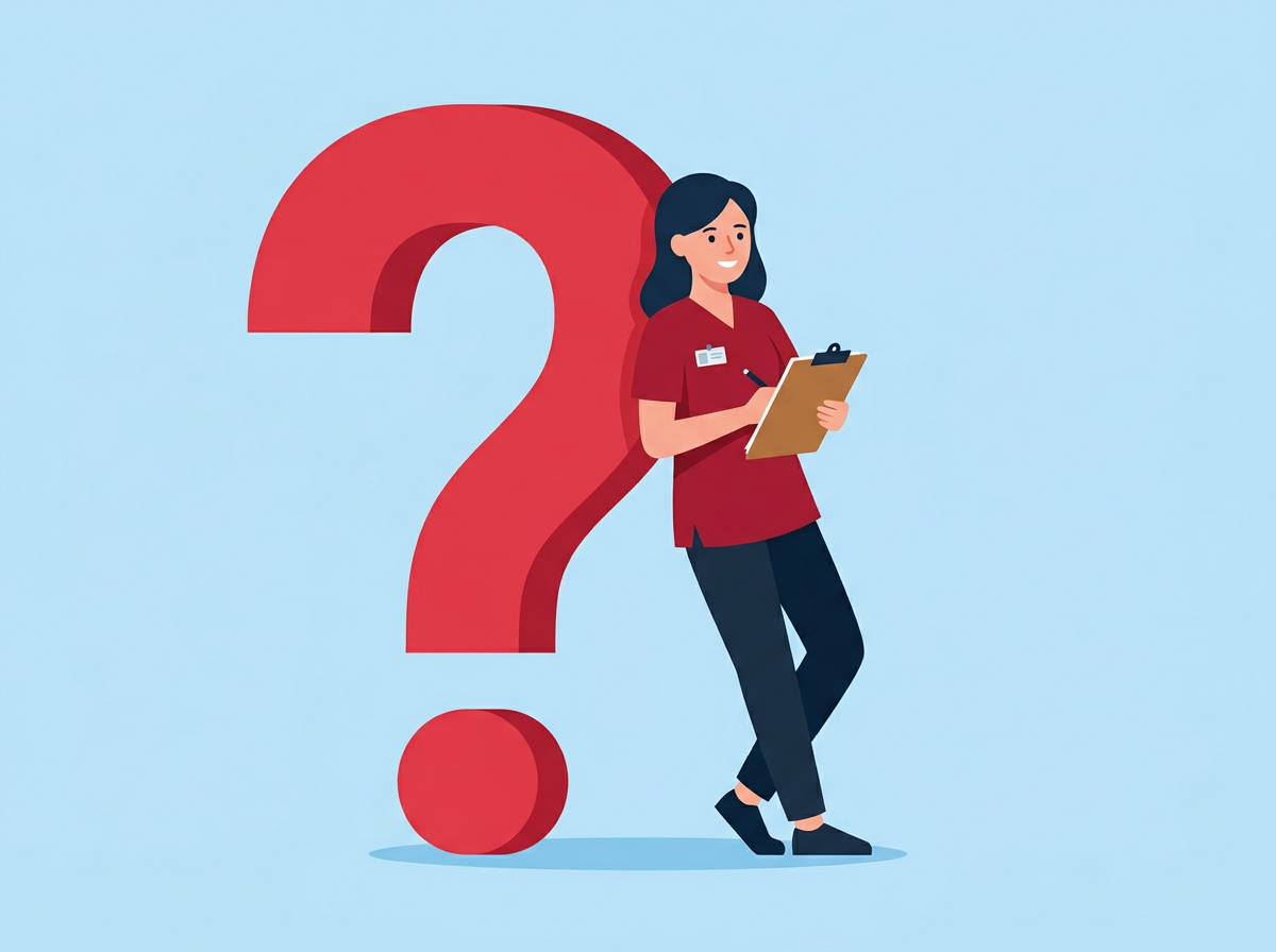Illustration of a woman in a red uniform leaning against a large red question mark, holding a clipboard and smiling.