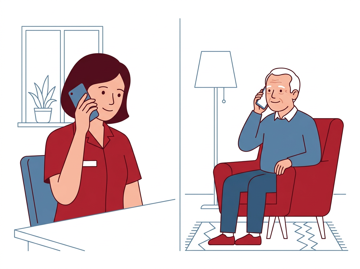 Two people are talking on their phones in separate rooms. The woman on the left has shoulder-length brown hair, is wearing a red shirt, and is seated at a desk with a plant on the window behind her. The man on the right has white hair, is wearing a blue sweater and dark pants, and is sitting in a red armchair with a lamp and rug in the background.