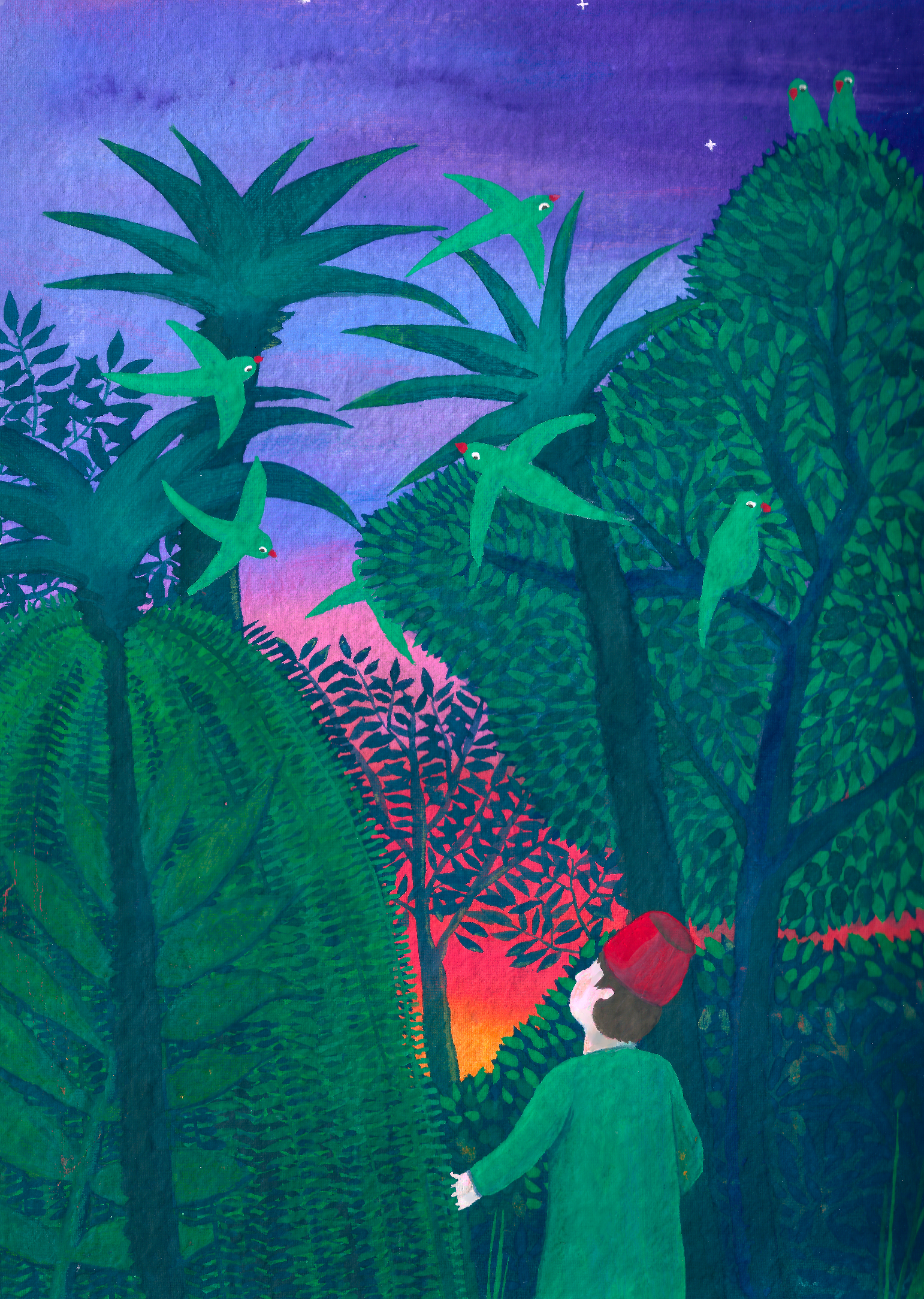 merchant in the home of the parrots, postercolor on paper 