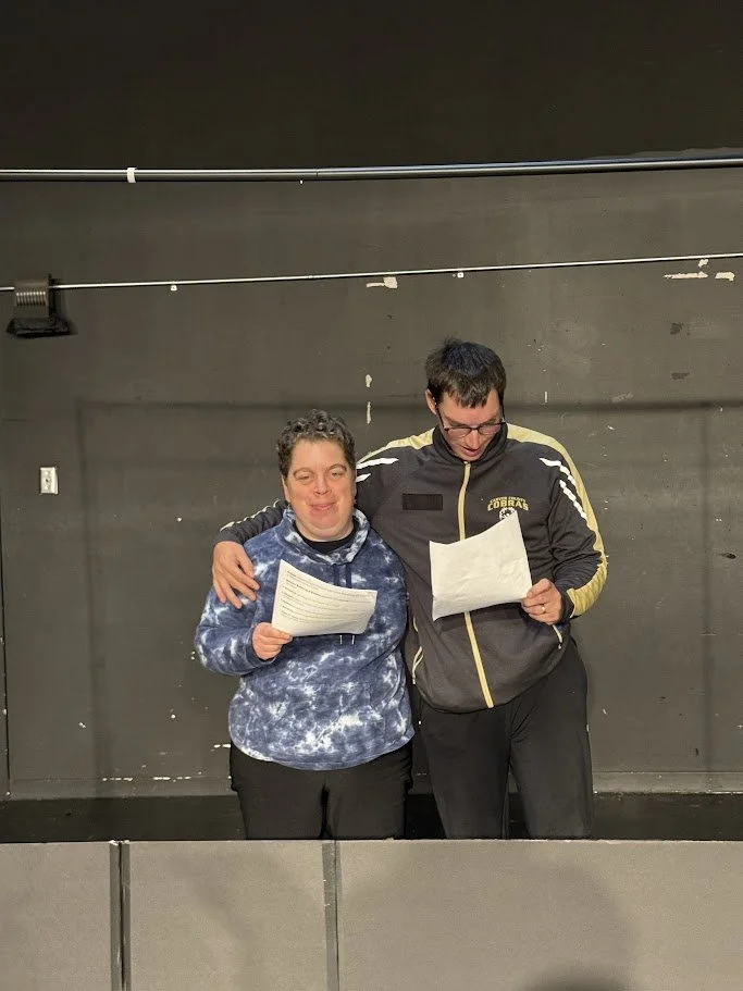 2 SOAR friends practicing their lines at a Stars of the Stage rehearsal Fall 2025