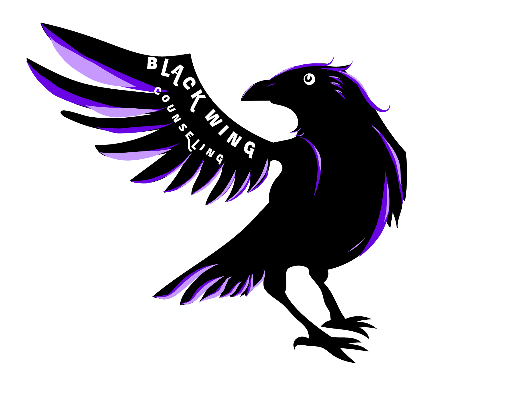 Logo with a black stylized bird with purple highlights and feathers, and the words 'Black Wing Counseling' in white, curved with the wing.