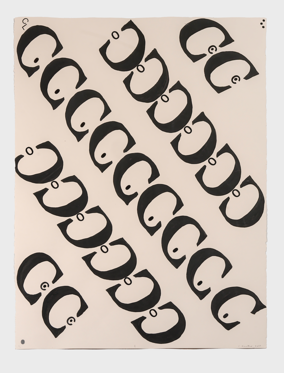 C, 2025,  Letraset, stamping, gouache on Stonehenge colored paper, 30 x 22 in.