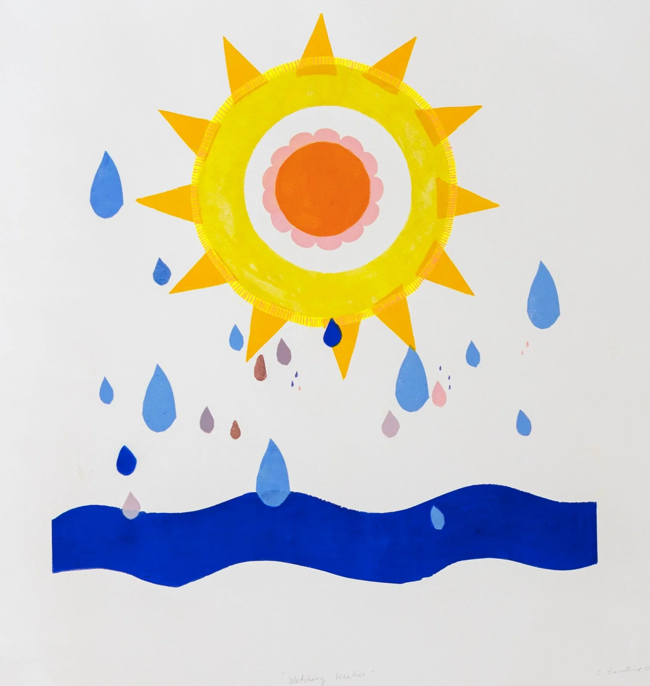 Watching Weather, 2023, multiple relief block print, unique, 30 x 28 in. page