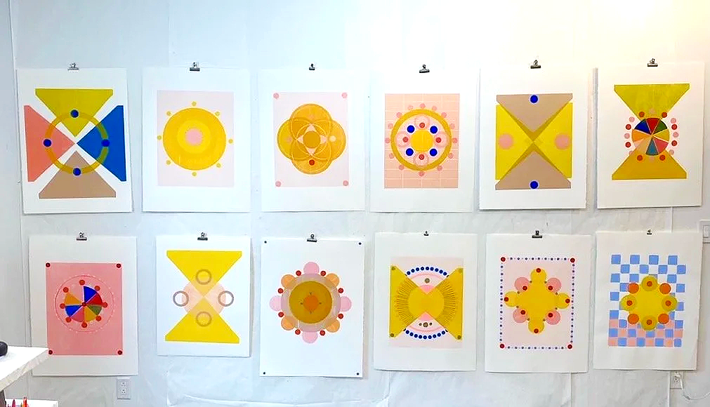 Time Keepers, 2022, woodblock prints with hand embellishments and type