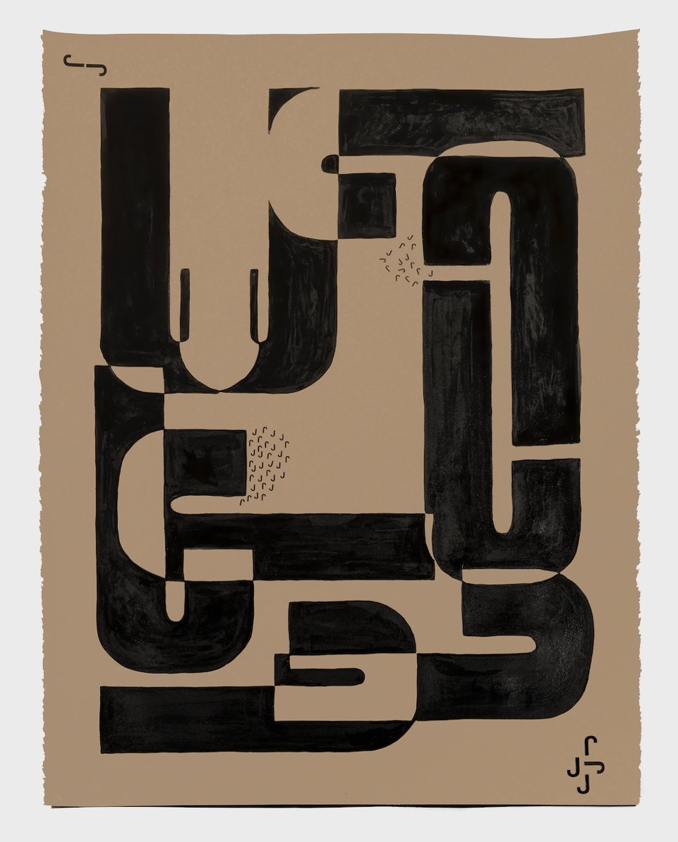 J, 2025,  Letraset, stamping, gouache on Stonehenge colored paper, 30 x 22 in.