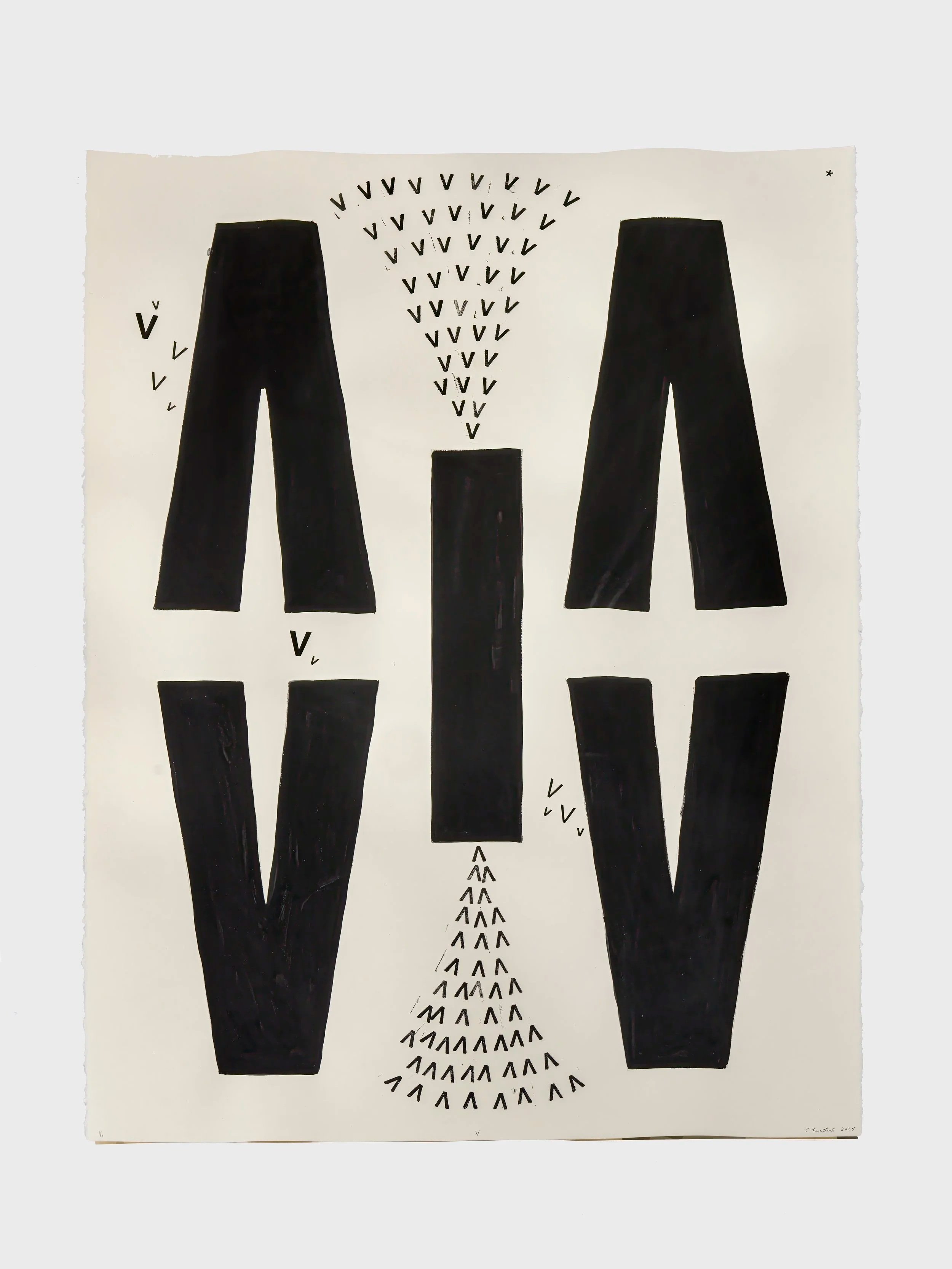 V, 2025,  Letraset, stamping, gouache on Stonehenge colored paper, 30 x 22 in.