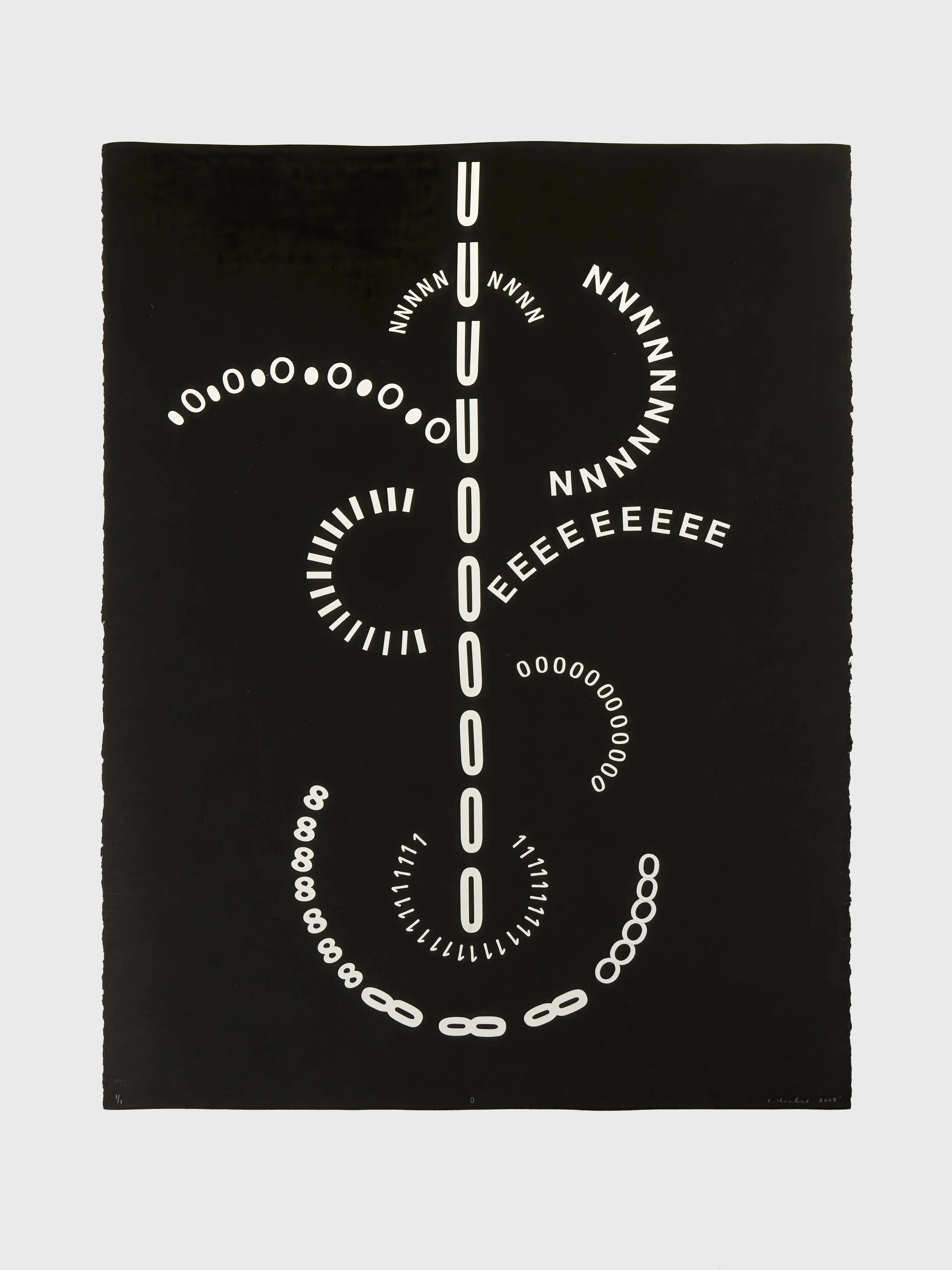 O, 2025,  Letraset, stamping, gouache on Stonehenge colored paper, 30 x 22 in.
