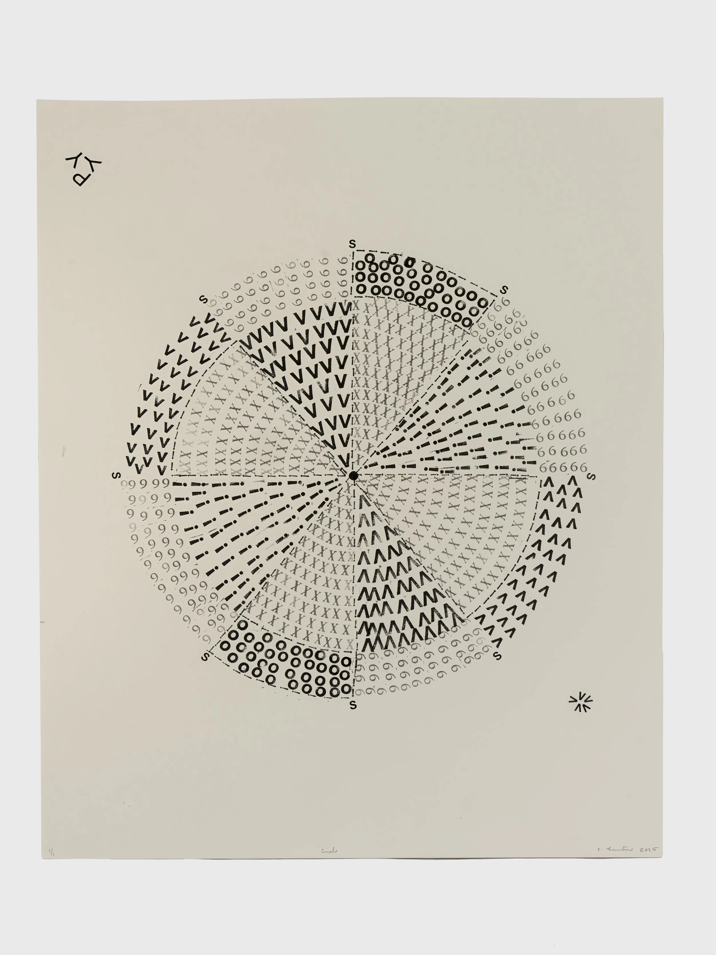 V, W, 2025,  Letraset, stamping, gouache on Stonehenge colored paper, 30 x 22 in.