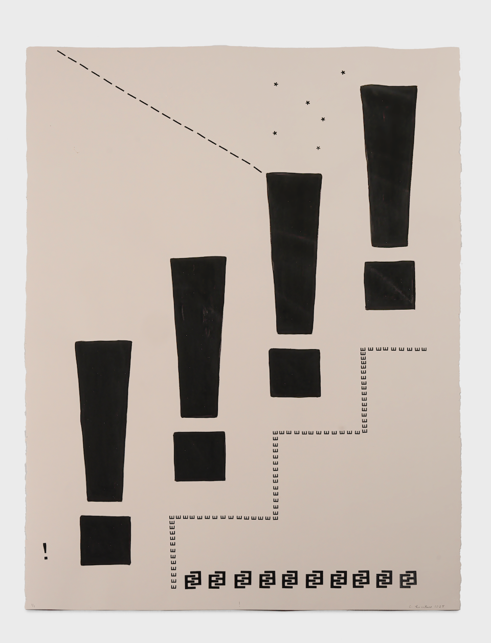 !, 2025,  Letraset, stamping, gouache on Stonehenge colored paper, 30 x 22 in.