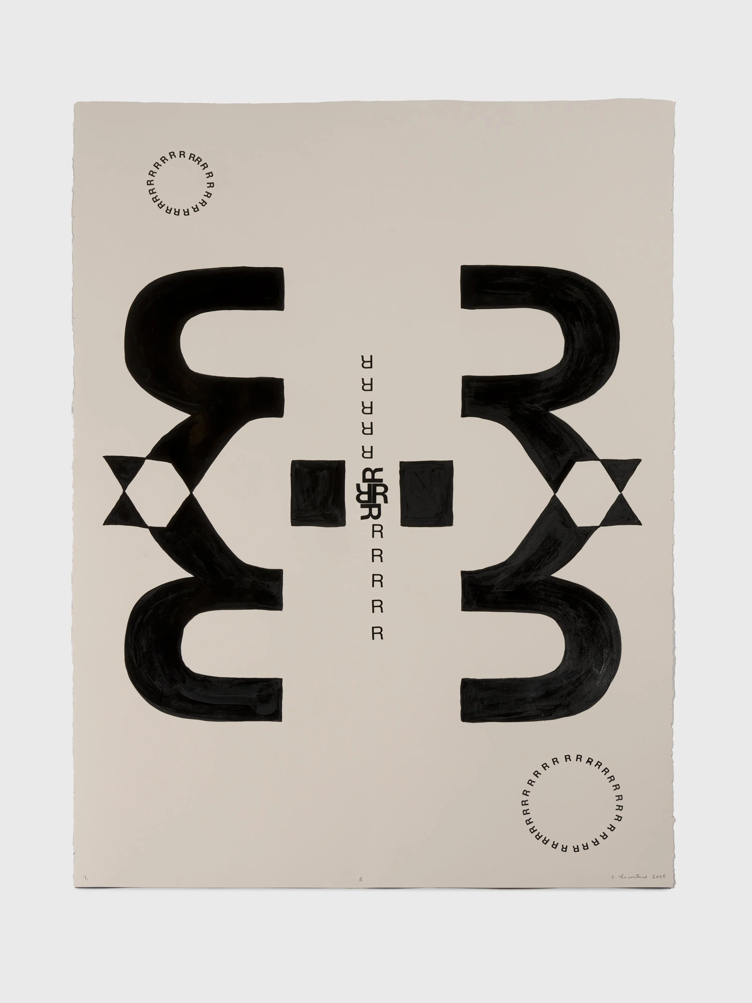 R, 2025,  Letraset, stamping, gouache on Stonehenge colored paper, 30 x 22 in.