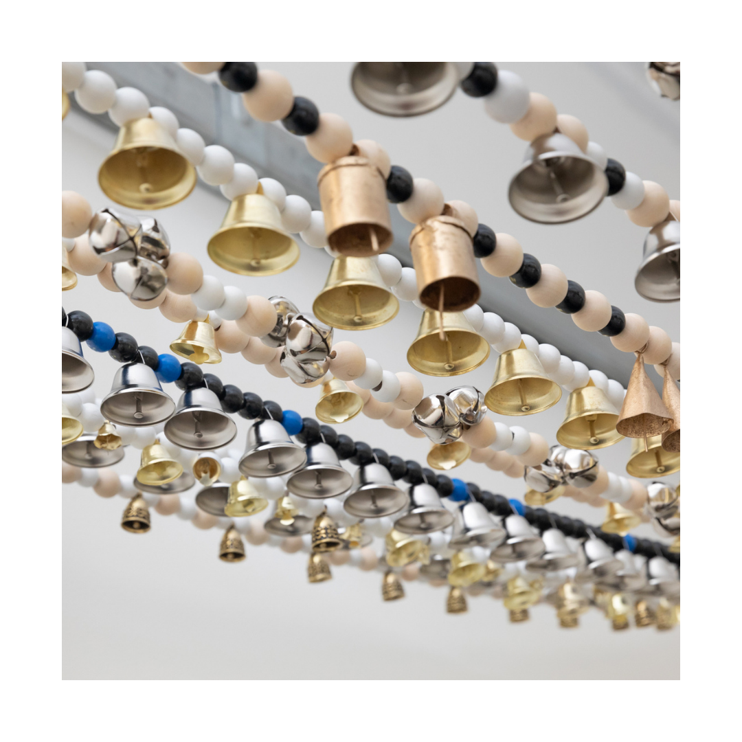 House Jewelry, 2022-Present, binary-coded strands: wooden beads, bells, steel cable, metal clasps, dimensions variable. 