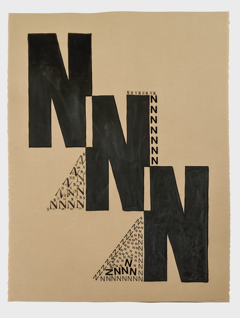N, 2025,  Letraset, stamping, gouache on Stonehenge colored paper, 30 x 22 in.