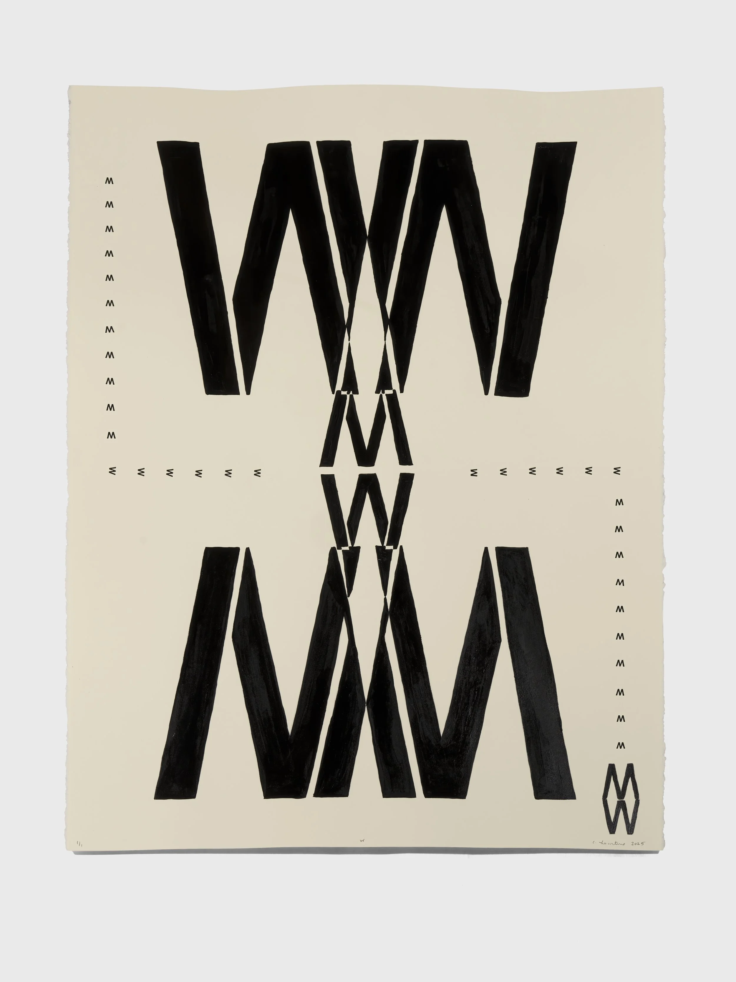 W, 2025,  Letraset, stamping, gouache on Stonehenge colored paper, 30 x 22 in.