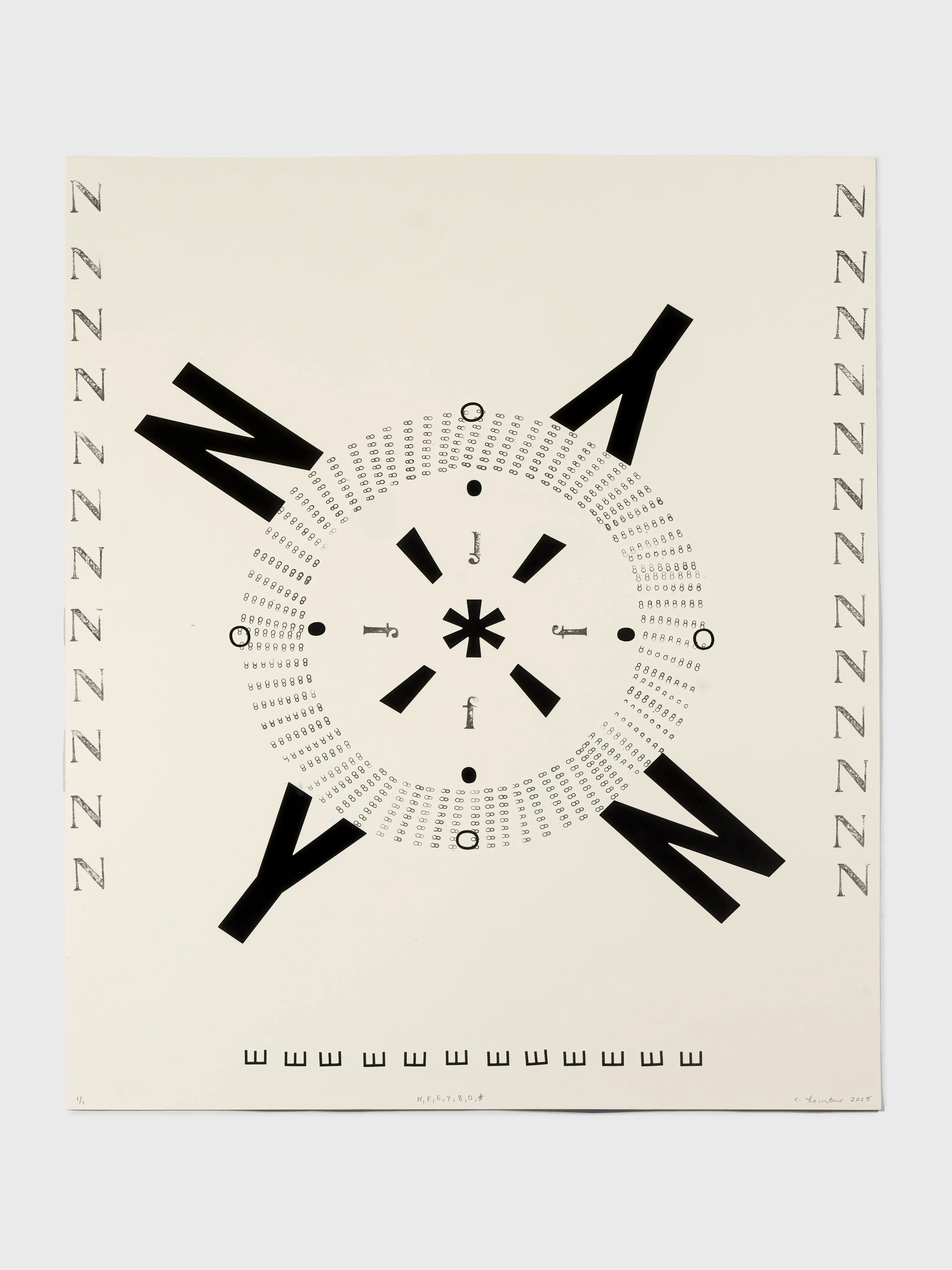 N, Y, E, 2025,  Letraset, stamping, gouache on Stonehenge colored paper, 30 x 22 in.