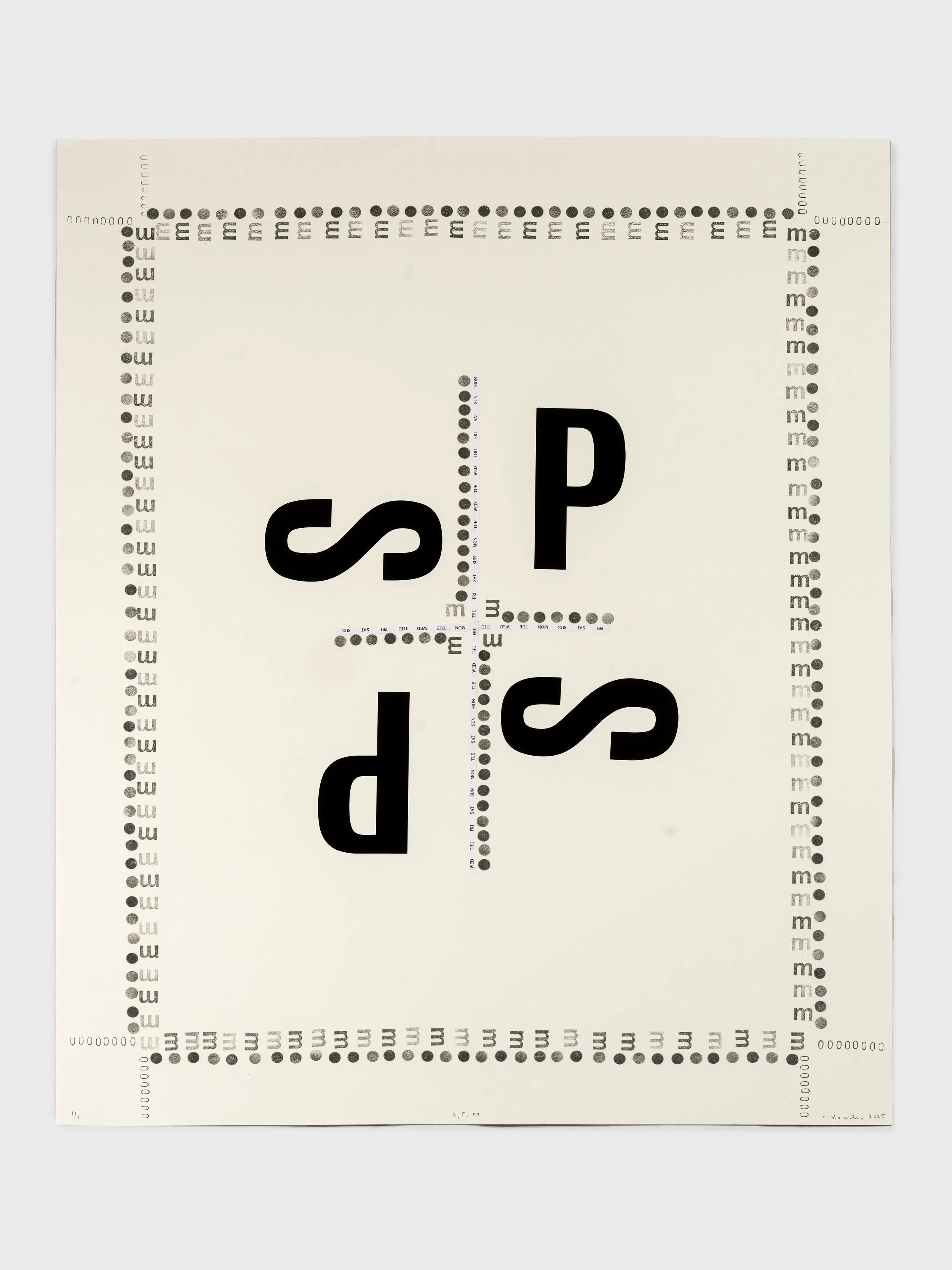 SP, 2025,  Letraset, stamping, gouache on Stonehenge colored paper, 30 x 22 in.