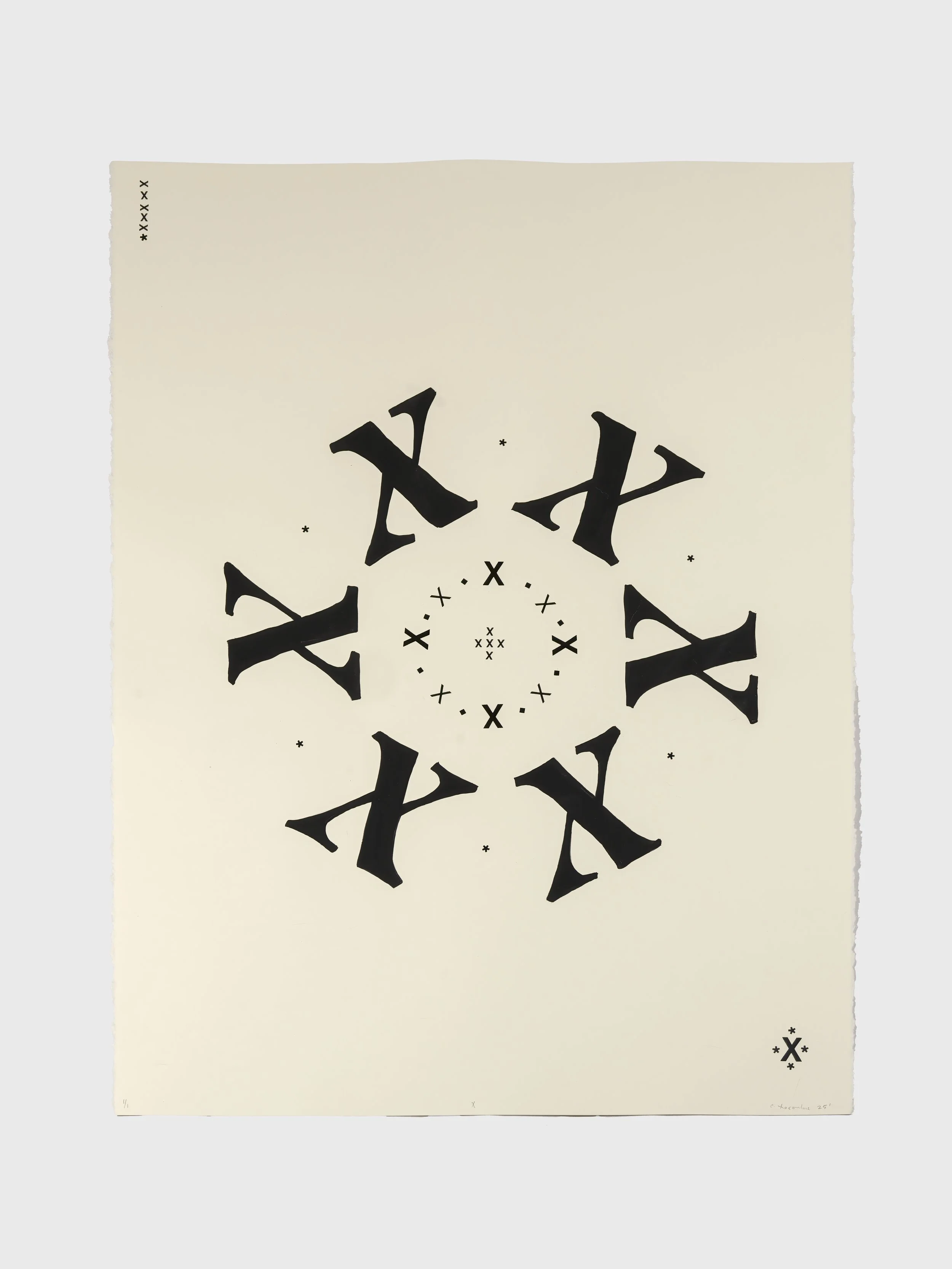 X, 2025,  Letraset, stamping, gouache on Stonehenge colored paper, 30 x 22 in.