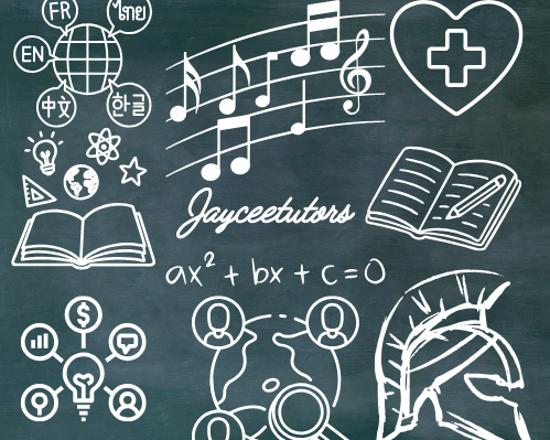 Chalkboard with doodles of music notes, a heart with a cross, an open book, science symbols, and interconnected people, representing education and learning.
