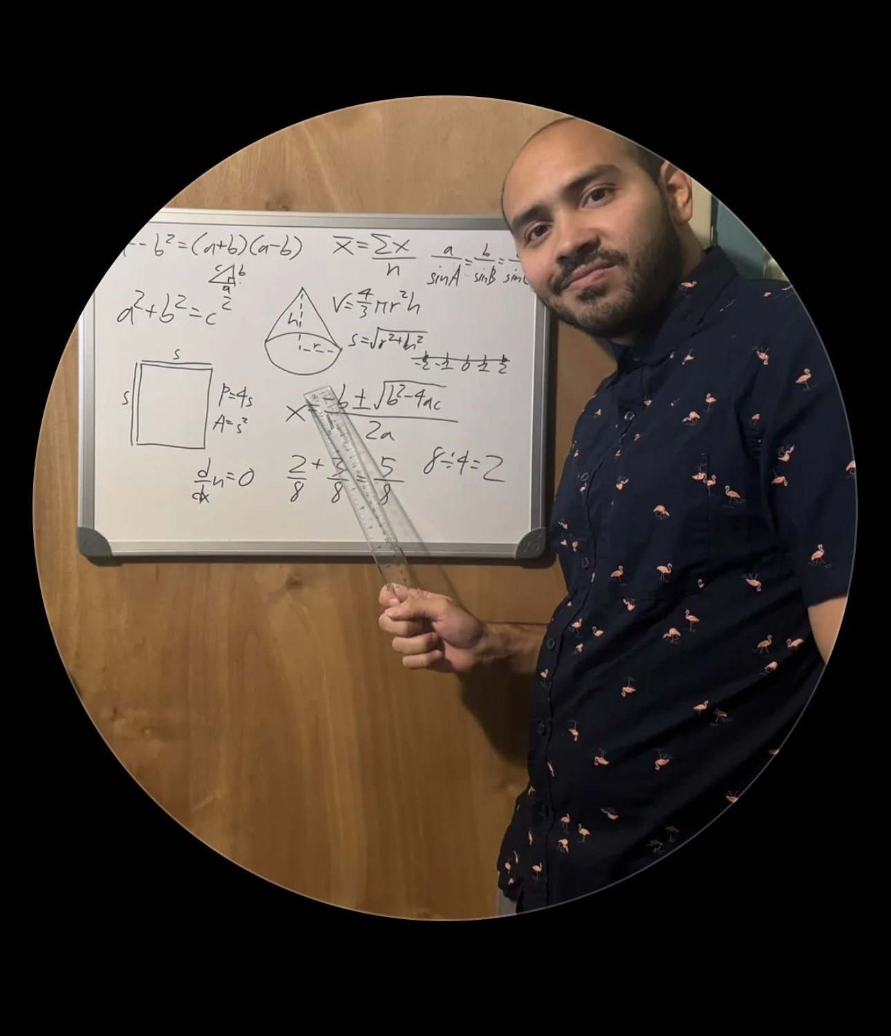 A man holding a ruler points to a whiteboard filled with mathematical equations and diagrams.