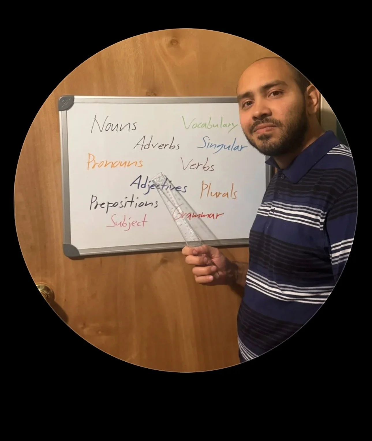 Man pointing at a whiteboard with English grammar topics written on it, including nouns, pronouns, adjectives, prepositions, vocabulary, singular, verbs, plurals, grammar, and subject.