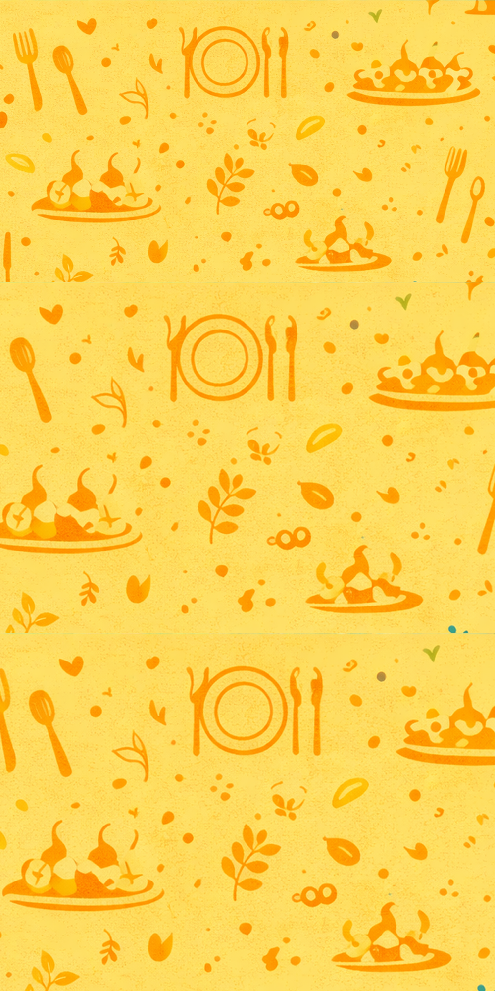 Yellow tablecloth with orange illustrations of plates, utensils, food, leaves, and decorative elements by Benny's Catering in Greeley.