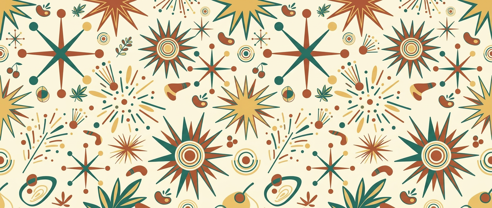 A festive pattern featuring stars, bursts, cherries, beans, and leaves in shades of brown, green, and yellow on a cream background by Benny's Catering in Greeley.