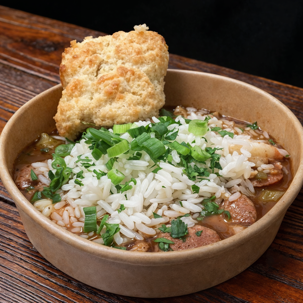 Bowl of scratch made creole gumbo with rice, topped with chopped green onions, with two cornbread pieces on the side from Benny's Catering in Greeley.