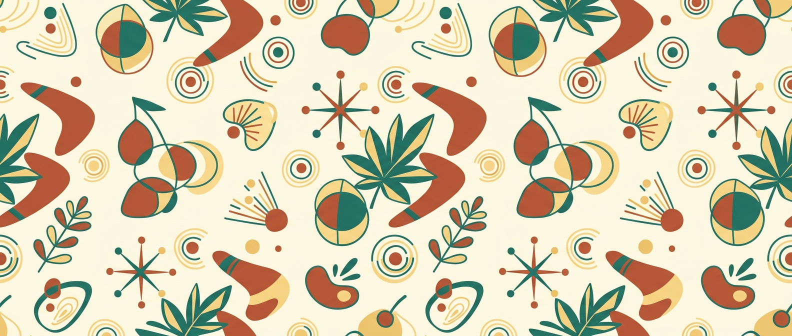 A colorful pattern featuring cannabis leaves, cherries, peanuts, shells, starbursts, and abstract swirl designs by Benny's Catering in Greeley.