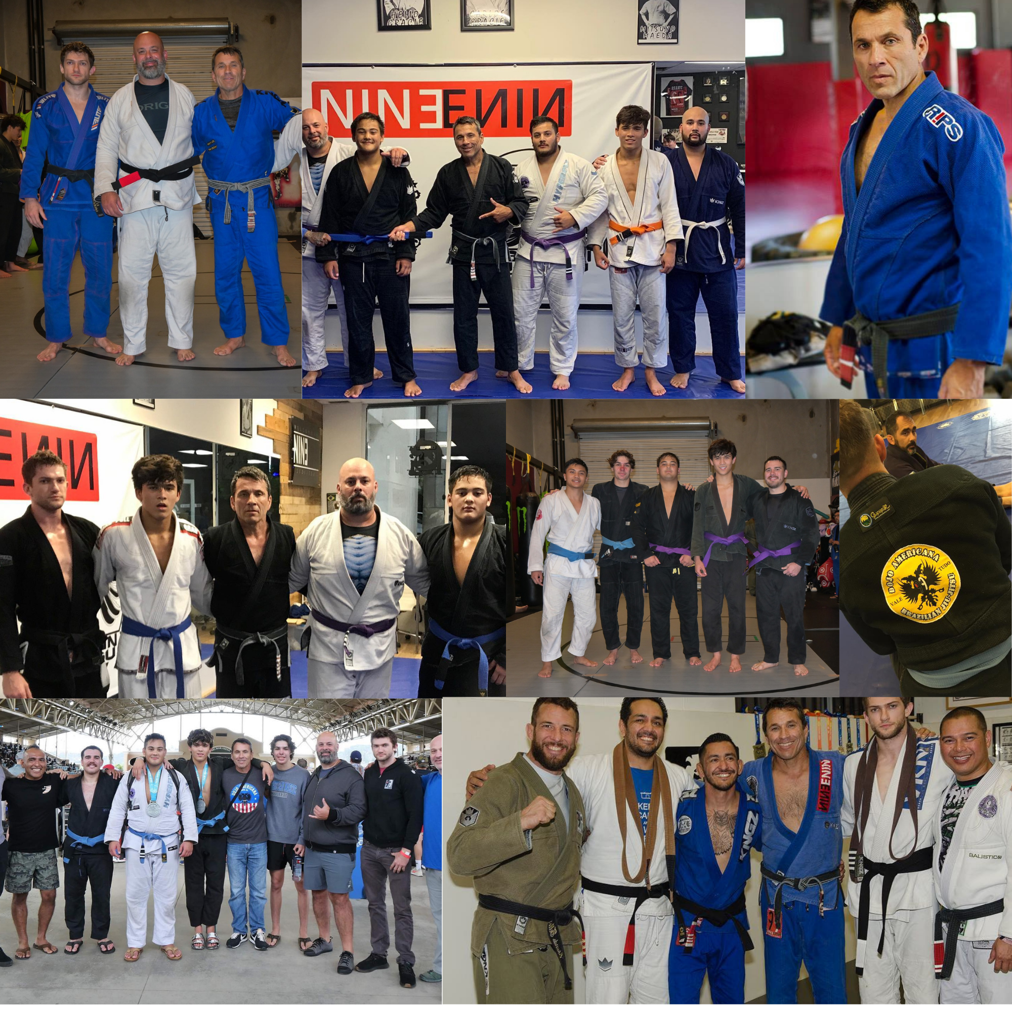Group photos of people in martial arts uniforms, including Brazilian Jiu-Jitsu practitioners and trainers, at a martial arts gym or competition. Some individuals are wearing black, white, or blue gis, with belts of various colors, and medals visible in some pictures.