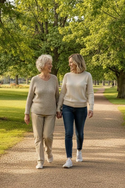 Two women, an elderly woman and a younger woman, walking hand in hand on a park path surrounded by green trees, smiling at each other.