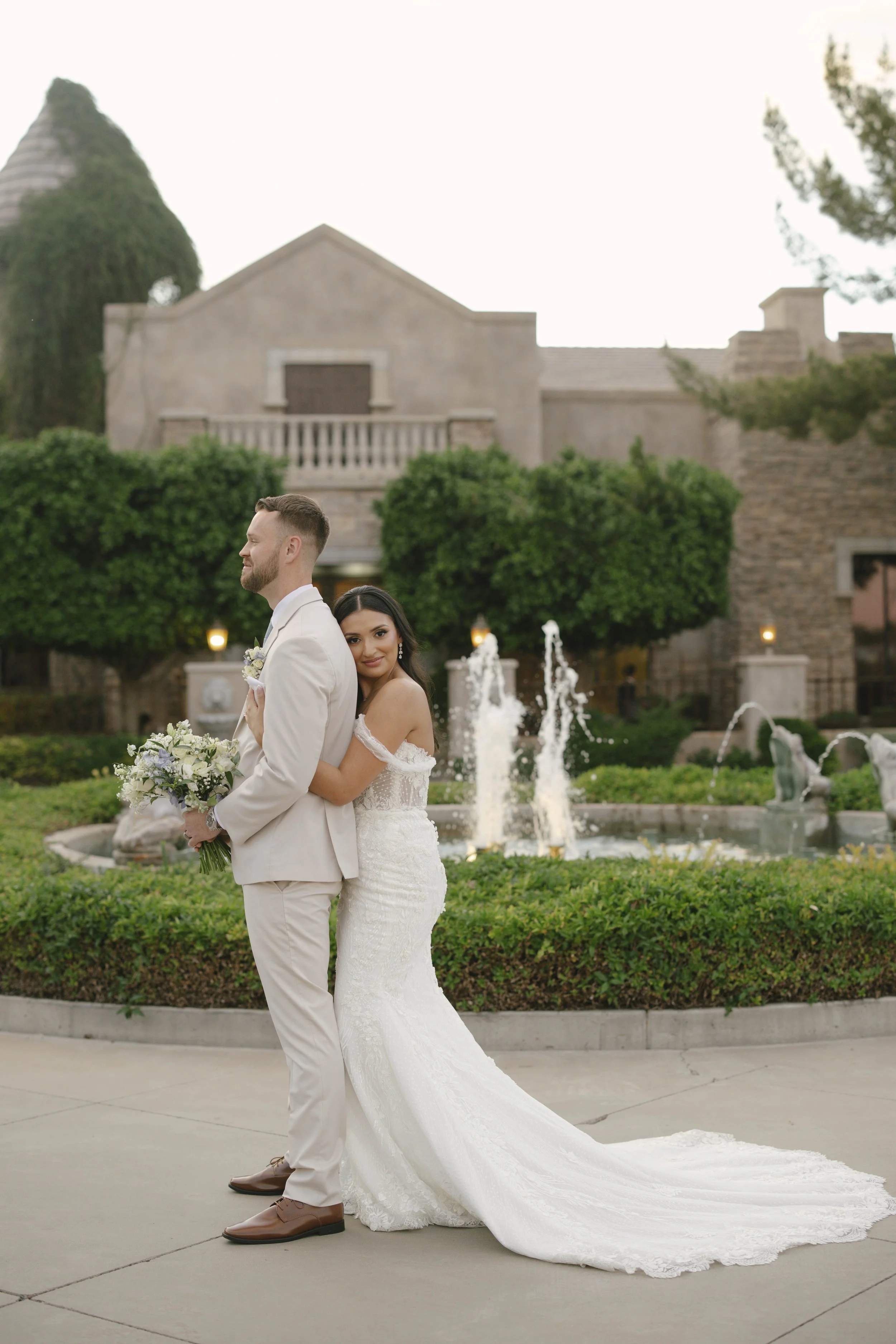 Intimate bride and groom portraits at Ashley Castle in Chandler, Arizona, were captured through hybrid film and digital photography, preserving romantic close-up moments filled with emotion, tenderness, and timeless newlywed connection.