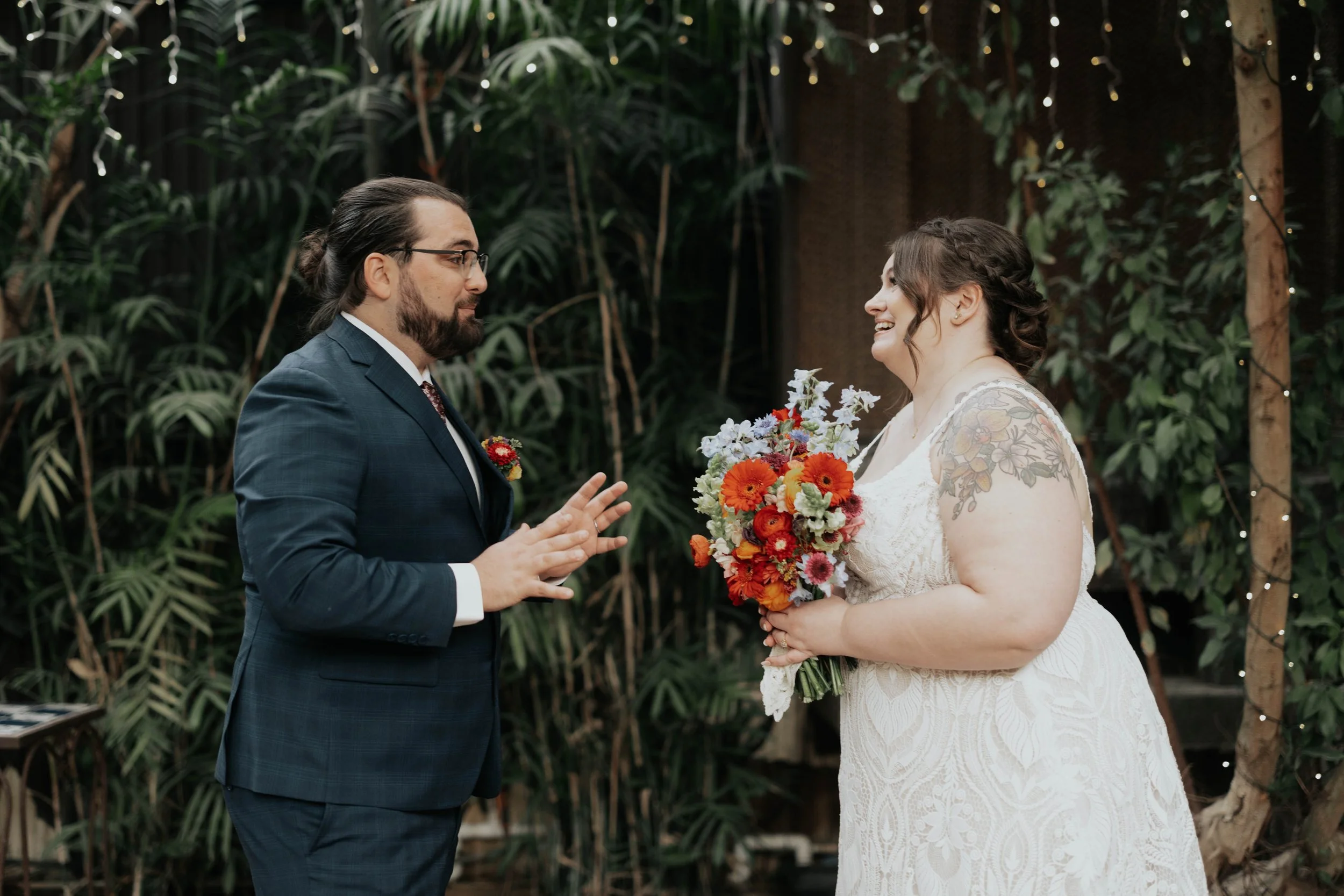 Before the ceremony, Lauren and Joel shared a joyful first look surrounded by the lush greenery of the Boojum Tree in Phoenix. These quiet moments together allowed them to take in the excitement of the day while capturing relaxed portraits before cel