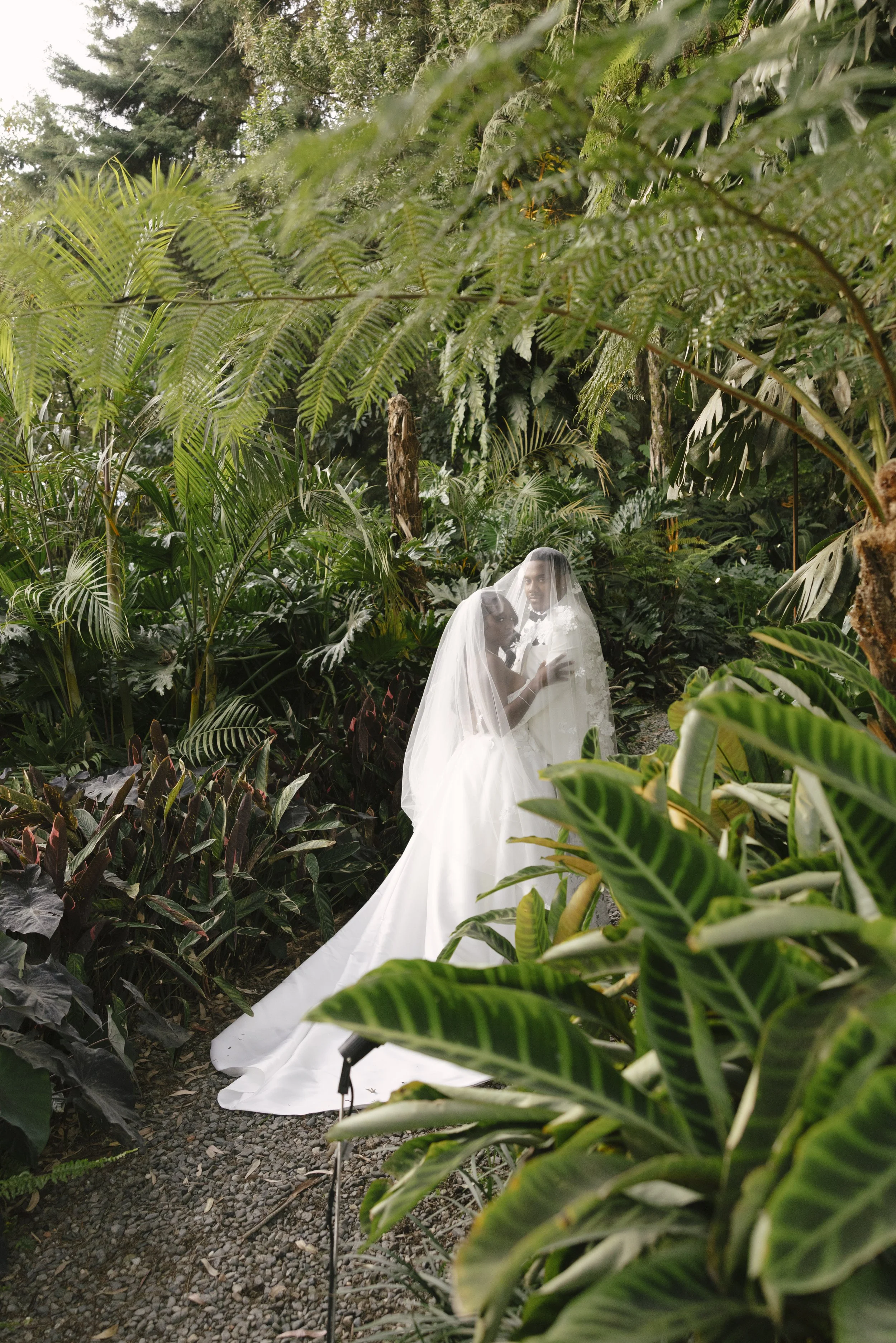 Bride and groom portraits at Forest Campestre in Medellín, Colombia featuring romantic destination wedding photography, lush tropical gardens, bridal party portraits, and natural, documentary-style moments.