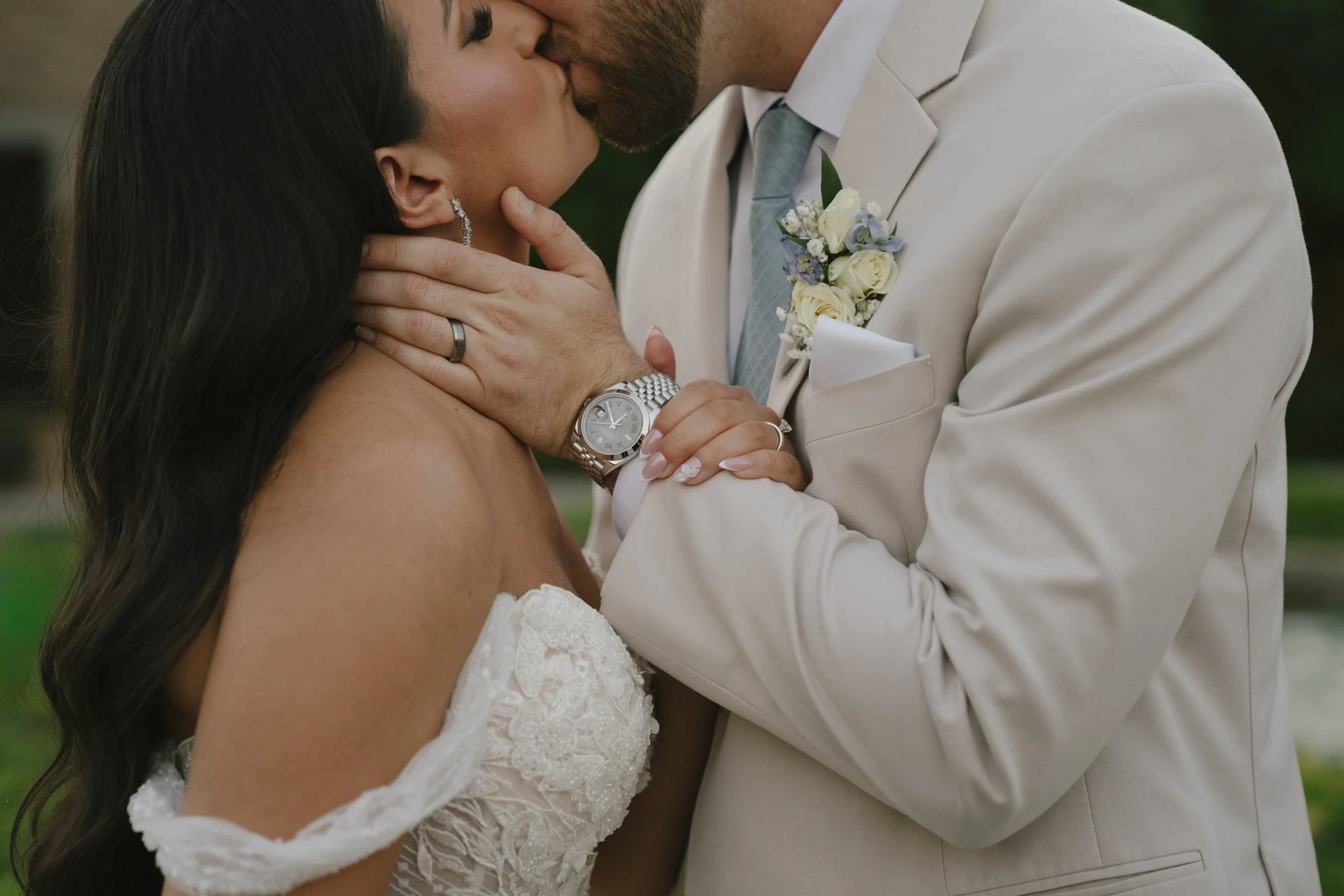 Intimate bride and groom portraits at Ashley Castle in Chandler, Arizona, were captured through hybrid film and digital photography, preserving romantic close-up moments filled with emotion, tenderness, and timeless newlywed connection.