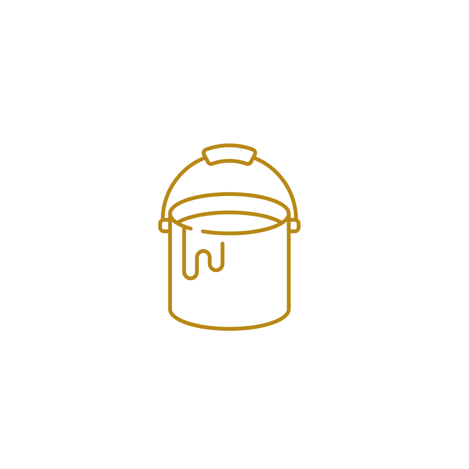 Line drawing of a paint can with a paintbrush resting on top, painted in gold color on a black background.