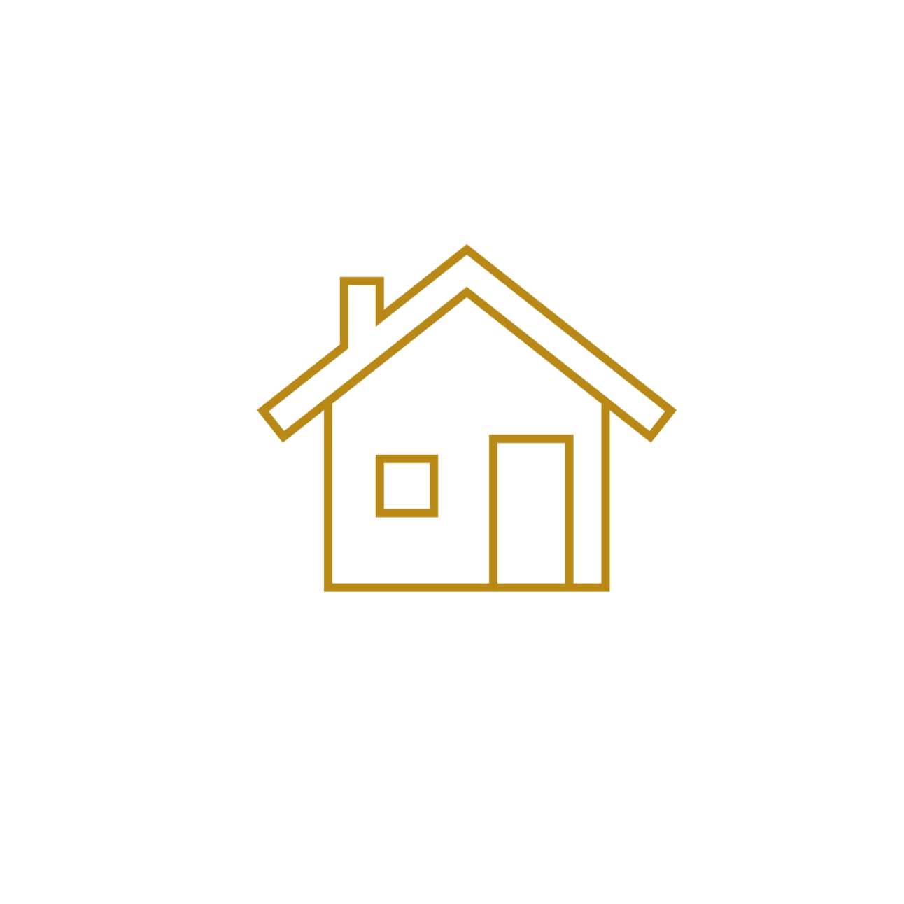 Simple line drawing of a house with a pitched roof, a chimney, a window, and a door, depicted in gold lines.