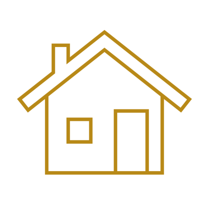 Outline drawing of a house with a pitched roof, a chimney, one window, and a door, in gold on a black background.
