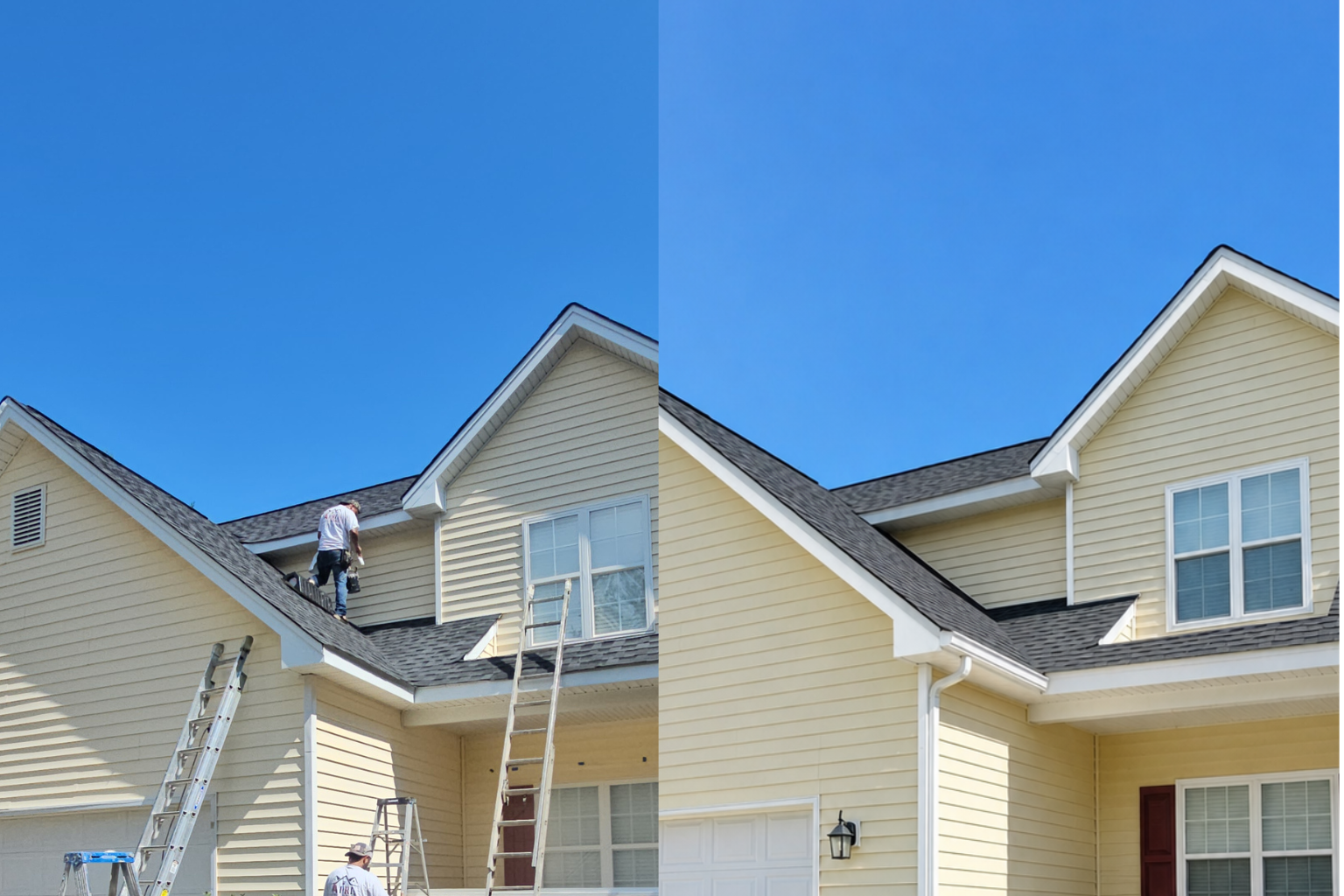 Side-by-side comparison of a yellow house with a dark shingled roof, showing the roof repair process. The left side features construction workers on the roof and ladders, while the right side shows the completed house with clean, new roof shingles and no workers.