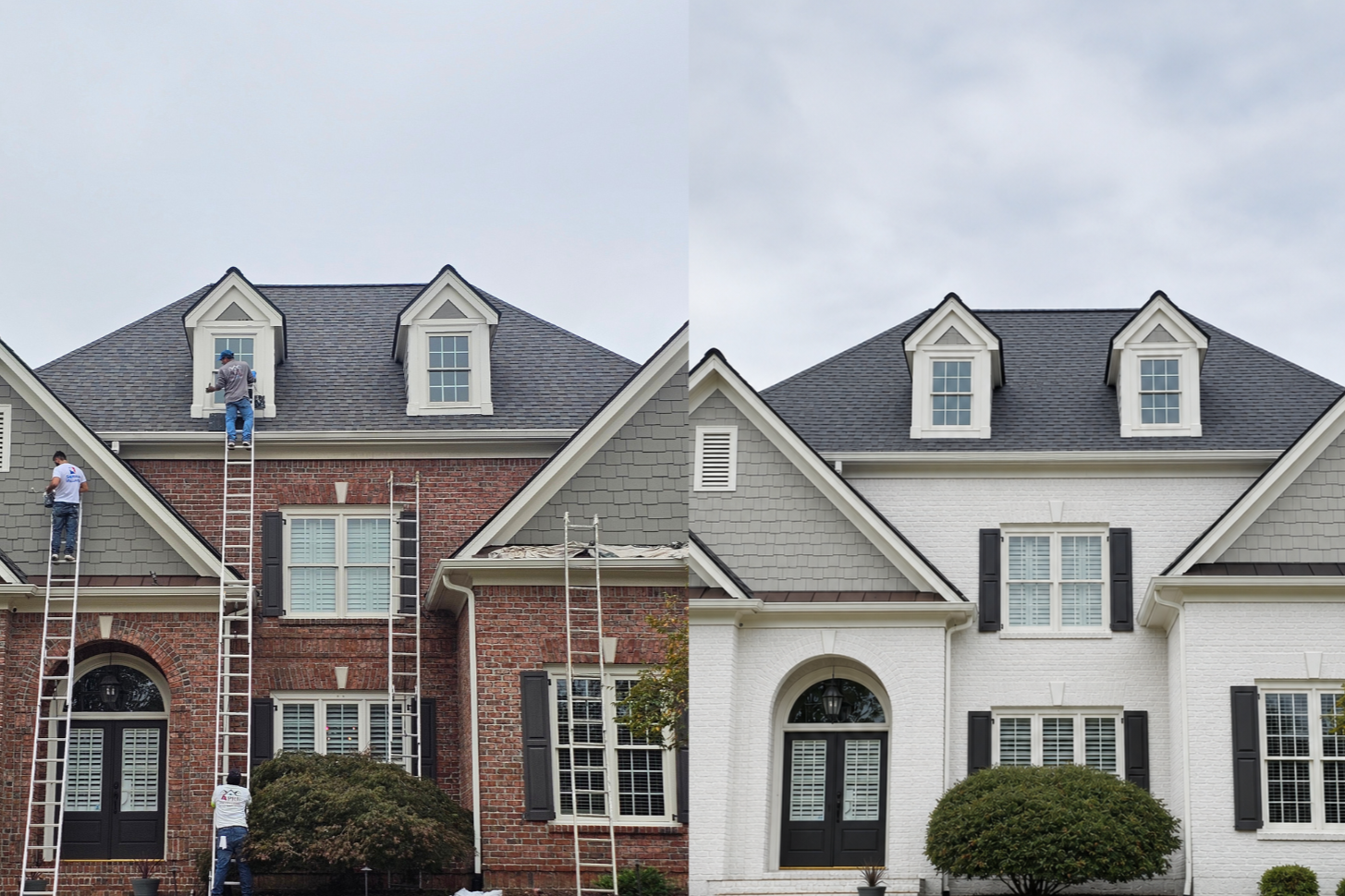 Before and after images of a house renovation, showing the exterior of a house with a new white brick facade on the right and an older brick facade on the left with workers working on the roof.